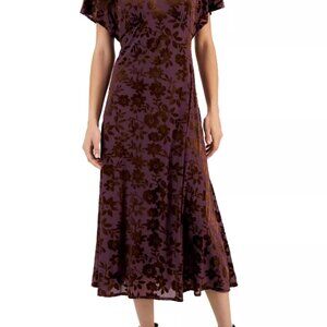 Taylor Women's V-Neck Short-Sleeve Burnout Velvet Midi Dress, Size 8, violet
